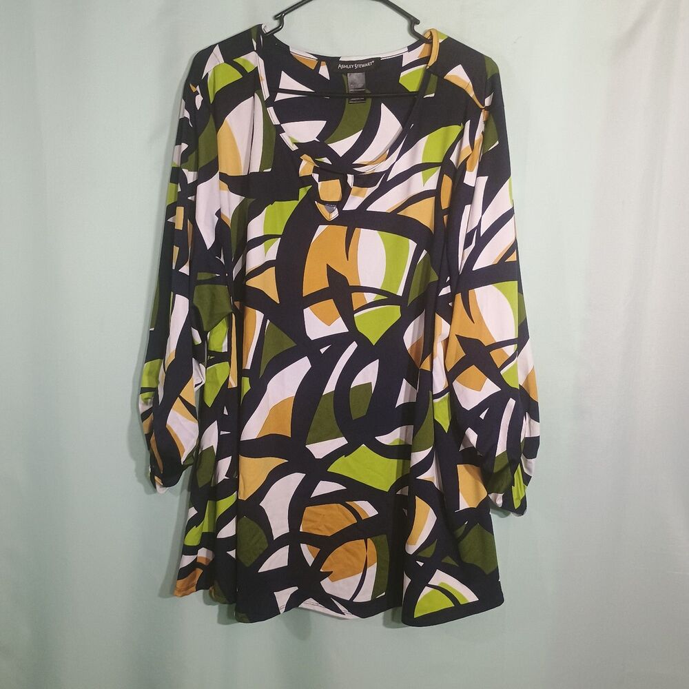 Ashley Stewart Women's Green Black White Yellow Abstract Print Tunic Top